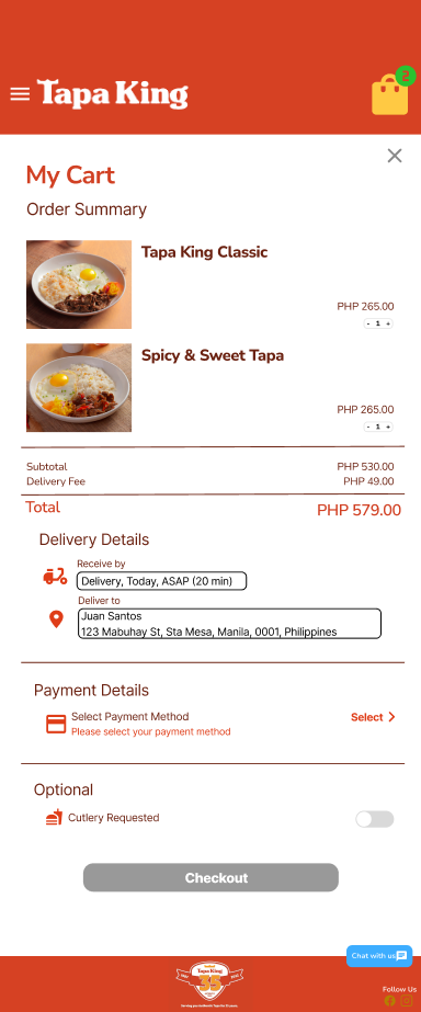 Tapa King mobile cart screen with order summary and checkout button.