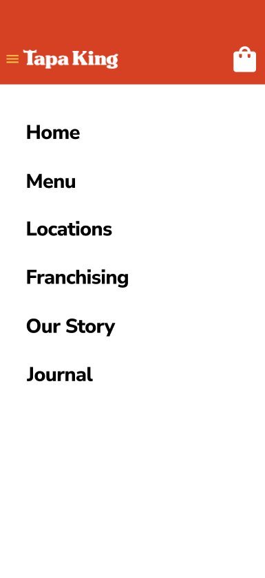 Tapa King mobile navigation drawer opened from the hamburger menu.