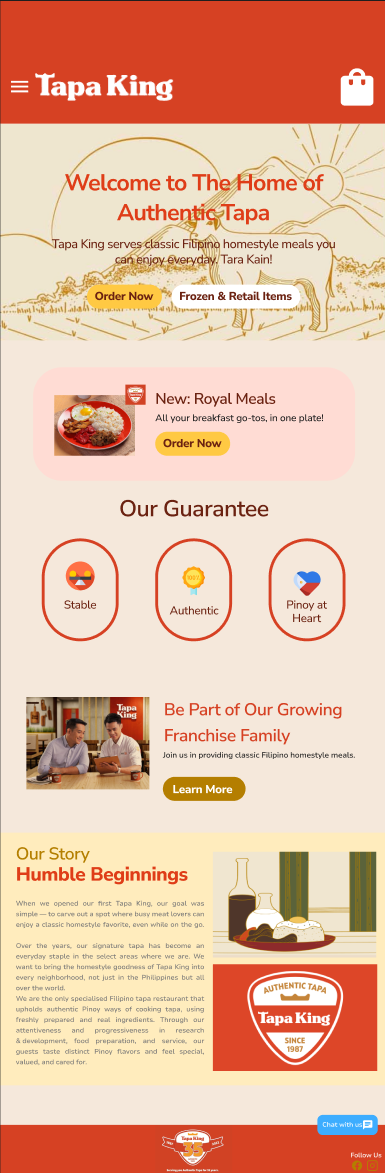 Redesigned Tapa King mobile homepage showing a hamburger menu, cart icon, the authentic-tapa hero banner, and stacked content cards optimized for a narrow screen.