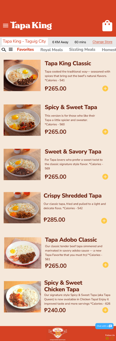 Tapa King mobile menu screen with stacked dish cards.