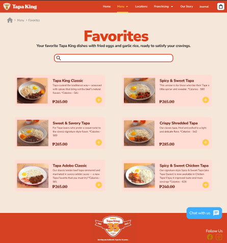Tapa King website favourites panel showing saved meals.