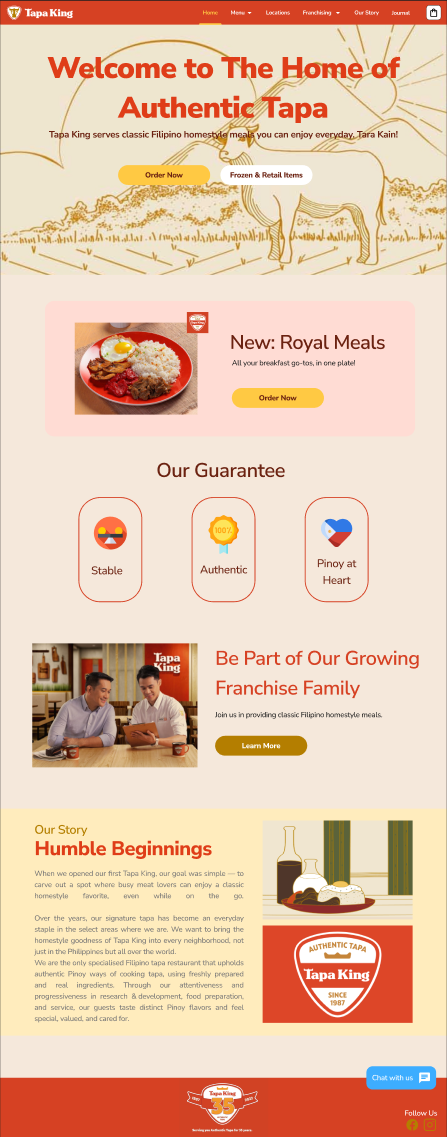 Redesigned Tapa King website homepage: a warm hero banner reading 'Welcome to the Home of Authentic Tapa' with Order Now and Frozen & Retail Items buttons, followed by a featured meal and a guarantee section.