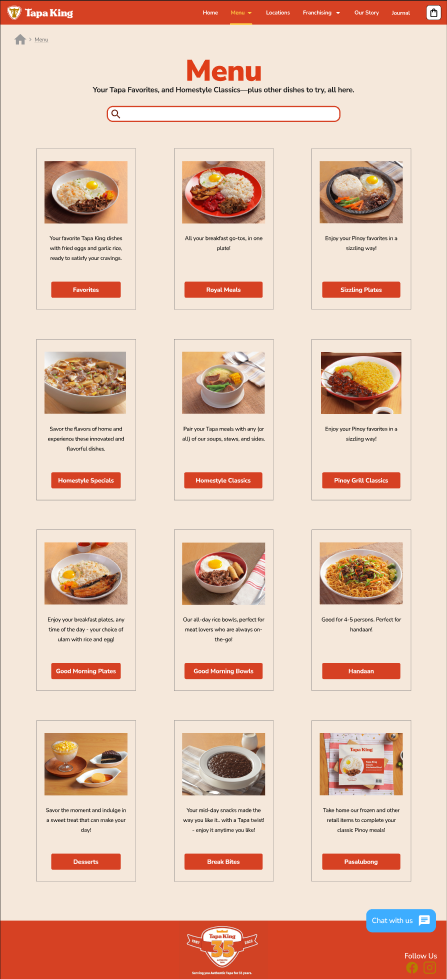 Tapa King website menu page listing dishes in a clean grid.